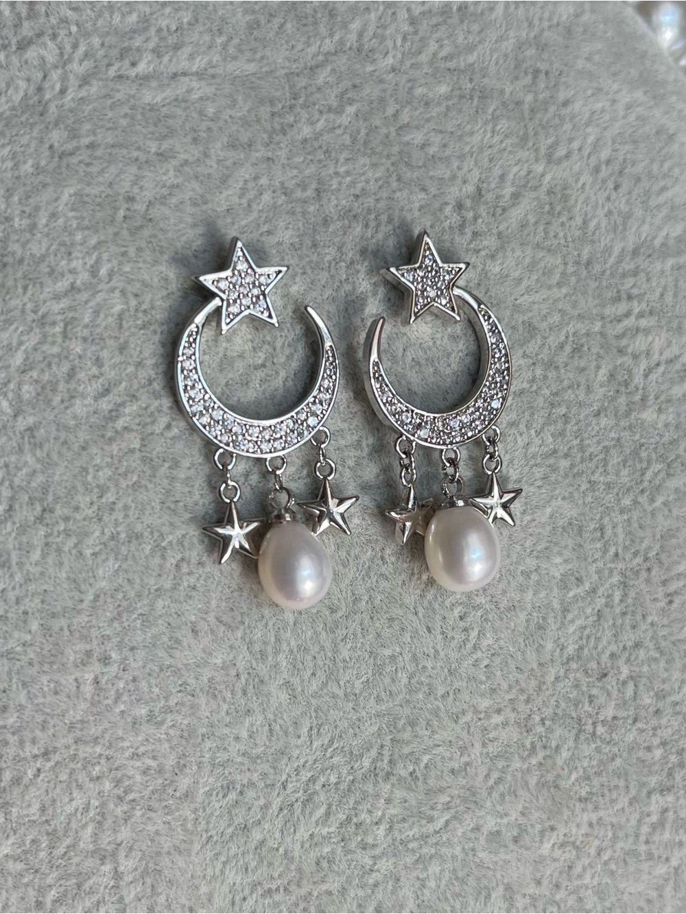 Freshwater Pearl with Silver Moon & Star Earrings - Silver posts